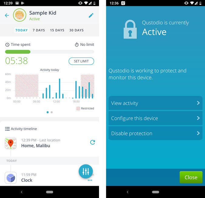 Скриншоты приложения Qustodio. Подробный анализ использования ребенком с графиками и затраченным временем. На другом скриншоте показан активный статус приложения на устройстве ребенка.