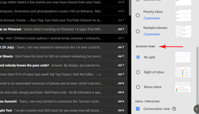 Параметры панели чтения в настройках Gmail
