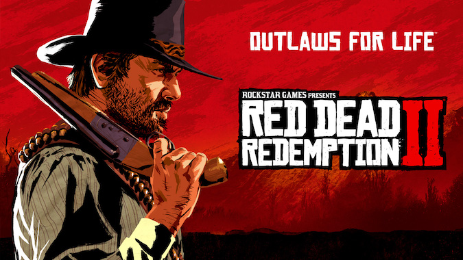 На плече у него постер Red Dead Redemption 2 с боковой позой парня в отпиленной шляпе.