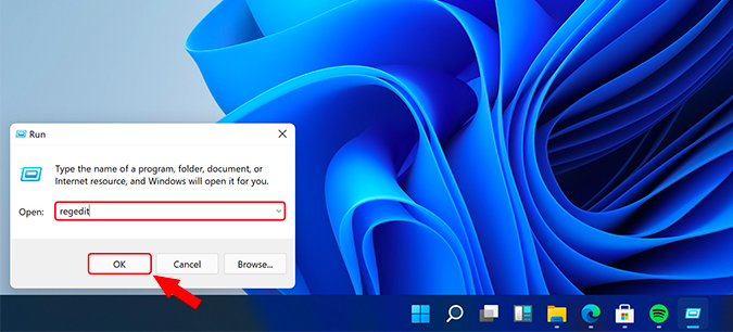 regedit в меню «Выполнить» в Windows 11