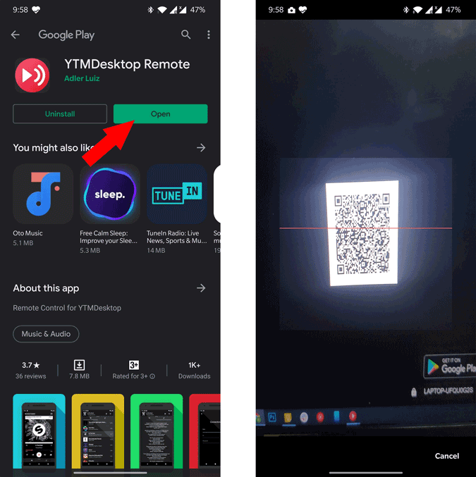 Снятие QR-кода на Android с помощью приложения YTM Desktop Remote