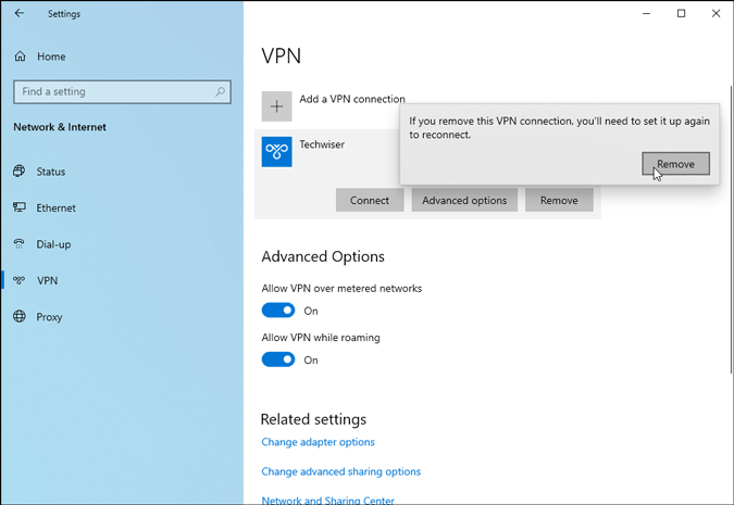 удалить профиль vpn из windows 10