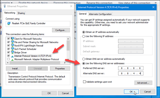 изменить DNS-сервер в Windows