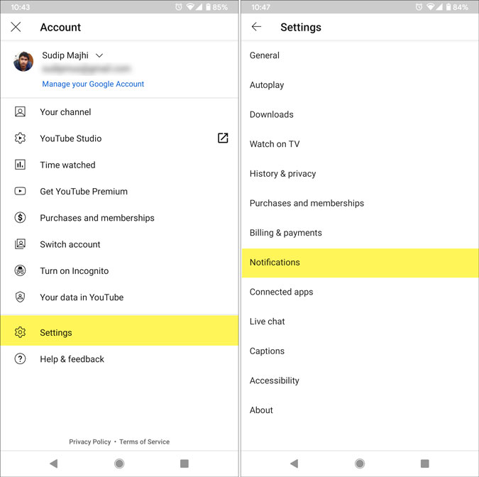 открыть настройки уведомлений YouTube на Android