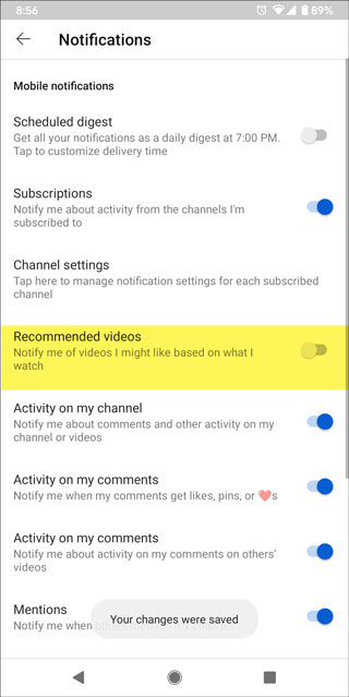 отключить уведомления о рекомендуемых видео YouTube на Android