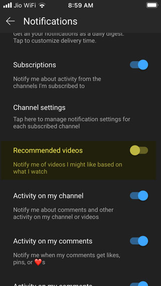 отключить уведомления о рекомендуемых видео YouTube на iOS