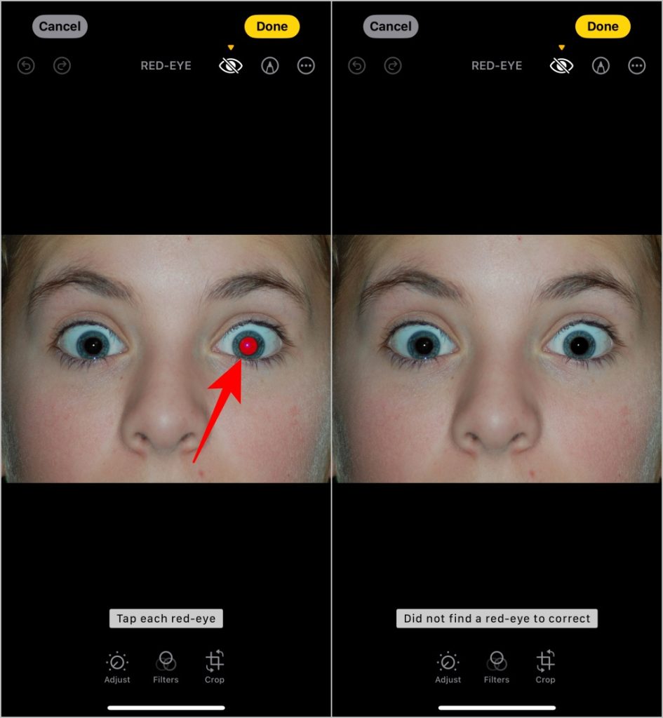 удаление эффекта красных глаз на Apple Photos