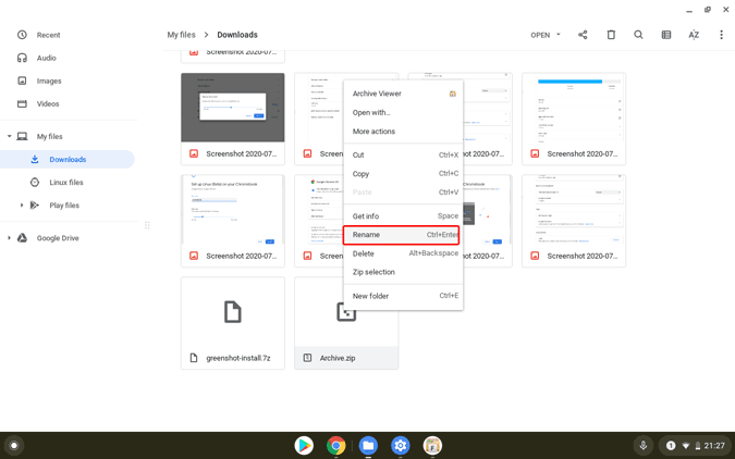 переименовать zip-файл в Chromebook