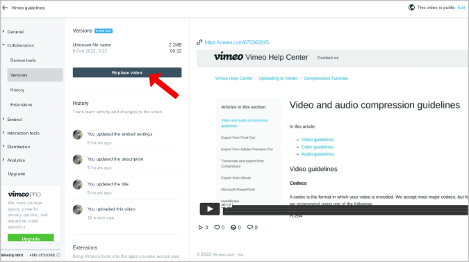 Опция замены на странице версии на Vimeo