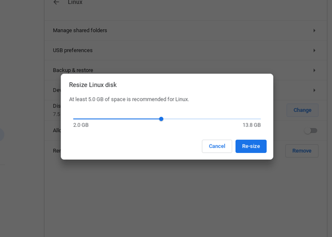 изменение размера Linux-диска на Chromebook