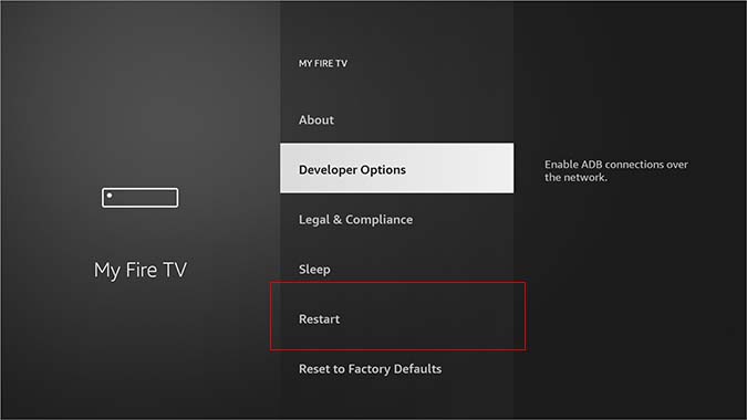 опция перезагрузки Fire TV Stick