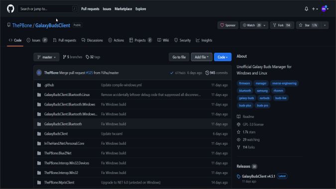Страница менеджера Galaxy Buds на Github