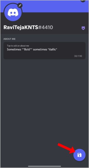 Сохранение Discord About Me Bio на мобильном телефоне
