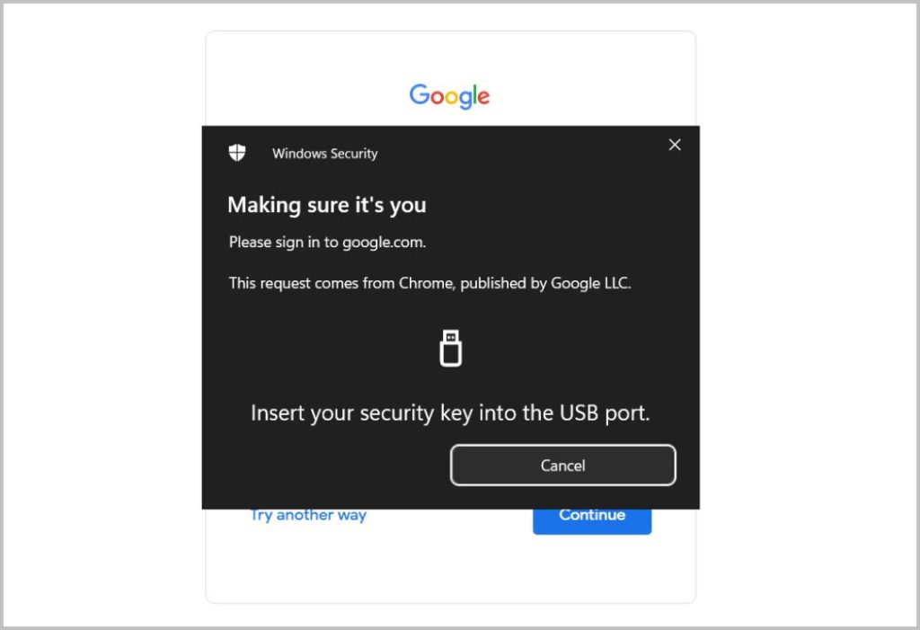 Вставка ключа безопасности для Google Passkey