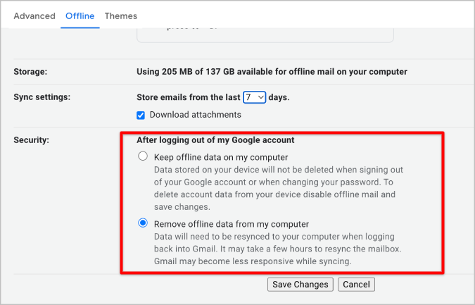 Настройки безопасности для доступа к Gmail в автономном режиме