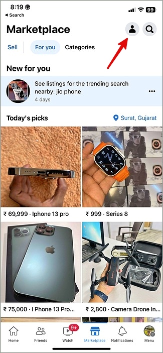 выберите свою учетную запись Facebook Marketplace