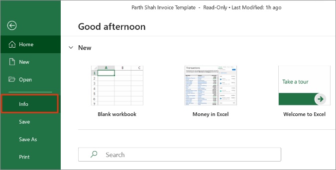 Меню информации Excel в Windows