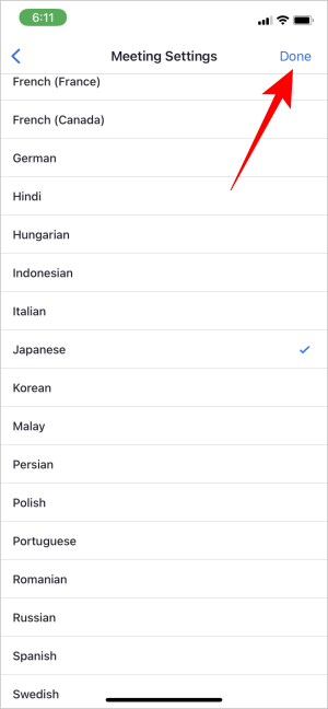 Список языков в приложении Zoom Meetings на мобильном телефоне