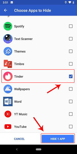 выберите приложение Tinder, чтобы скрыть меню скрытия приложения запуска Apex