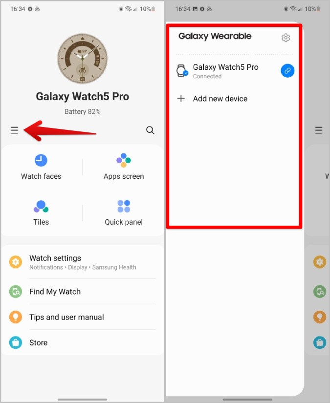 Открытие настроек Galaxy Watch в приложении Galaxy Wearable