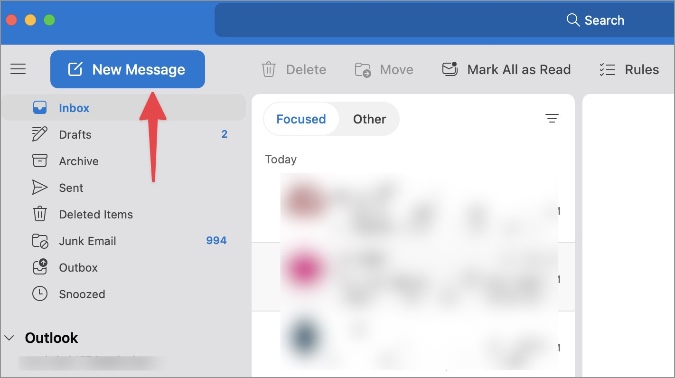 новое сообщение в Outlook на macOS