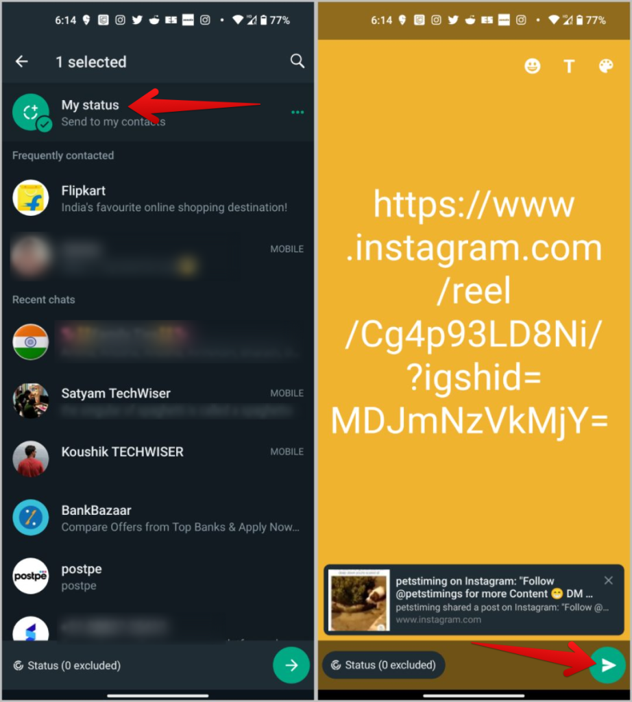 Публикация ссылки на ролик Instagram в статусе WhatsApp