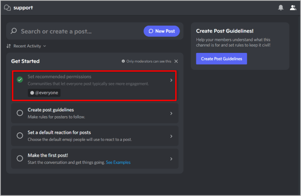 Установите рекомендуемое разрешение для канала форума в Discord.