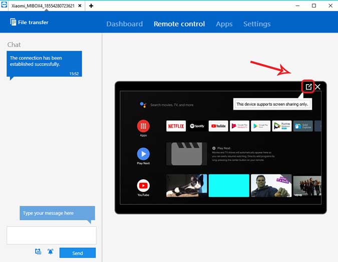Соединение с телевизором установлено, и вы можете увидеть экран в правом нижнем углу. вы можете пообщаться слева и нажать кнопку увеличения, чтобы перейти в полноэкранный режим.