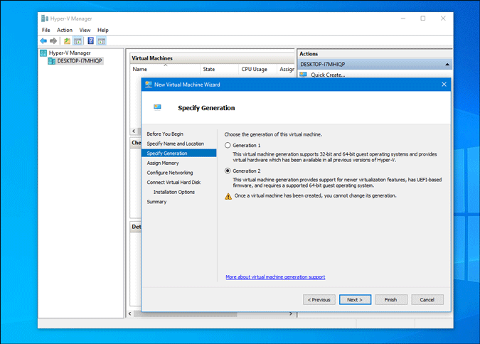 выберите поколение 2 в Hyper V