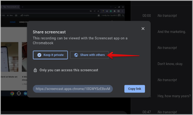 поделиться скринкастом с другими на Chromebook
