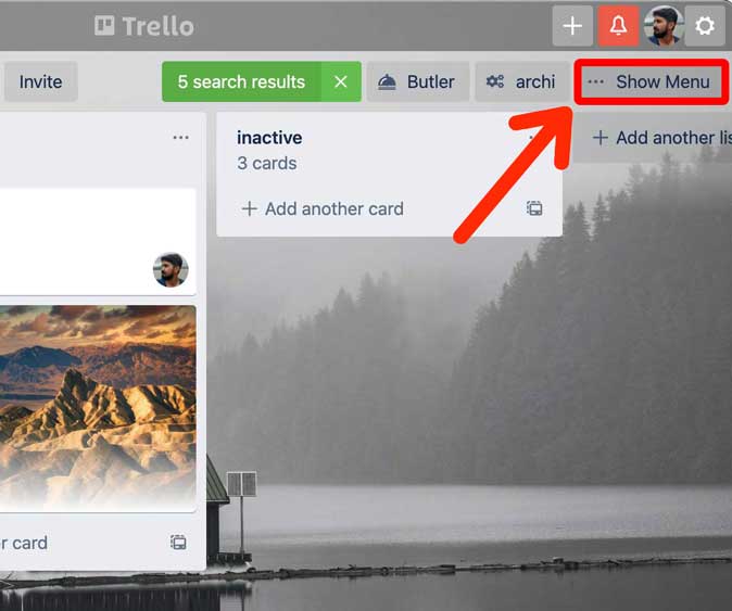 показать кнопку меню в приложении Trello