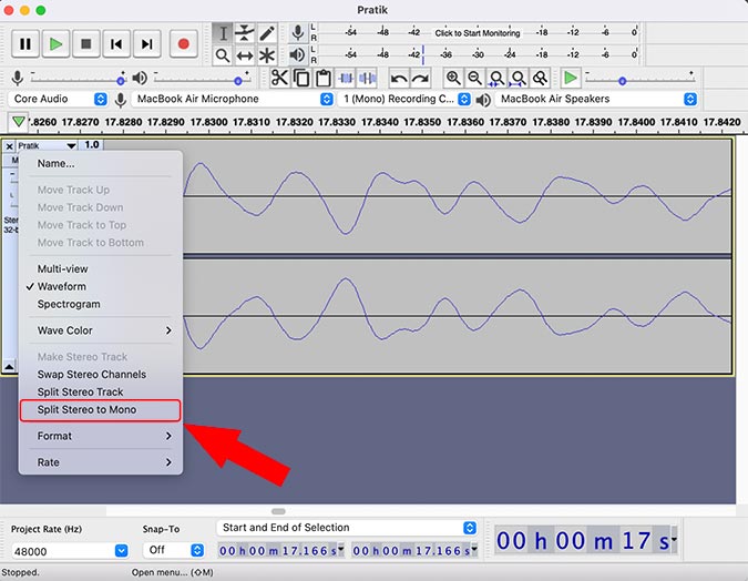 разделить стерео на моно в Audacity