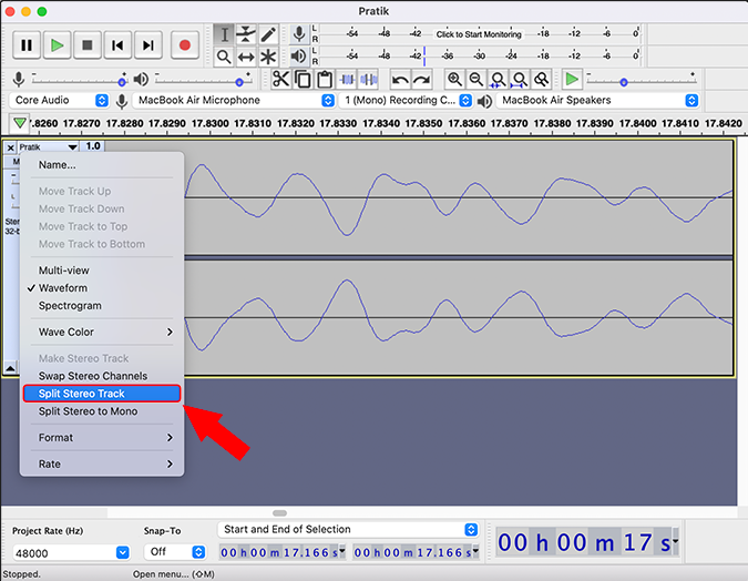 разделить стереодорожку в Audacity