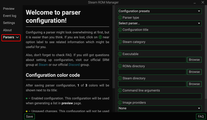 нажмите «Парсеры», чтобы начать настройку в диспетчере Steam ROM.