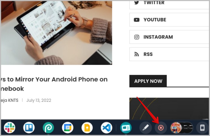 Кнопка остановки записи на скринкасте на Chromebook