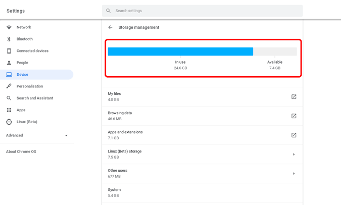 Место для хранения данных на Chromebook