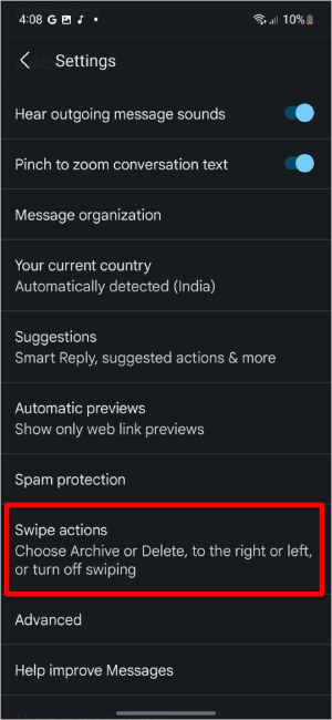Настройки действия смахивания в Сообщениях Google на телефоне Samsung