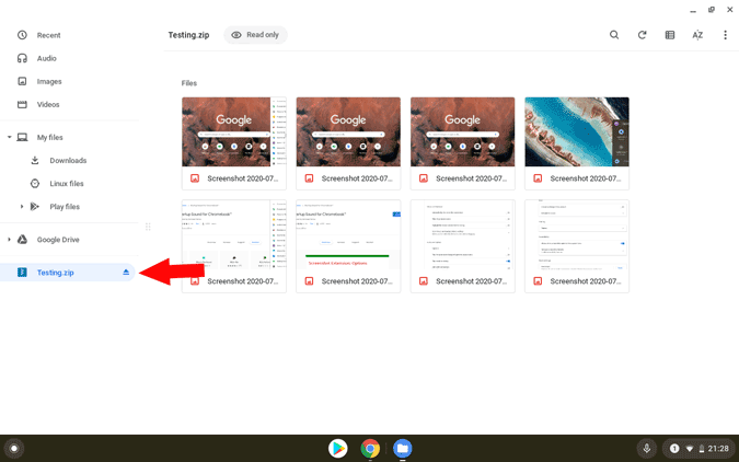 извлечь выбранные файлы из zip на Chromebook