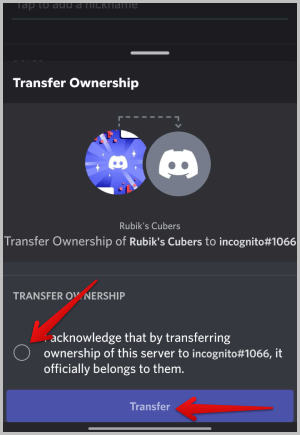 Передача права собственности другим пользователям в Discord Mobile