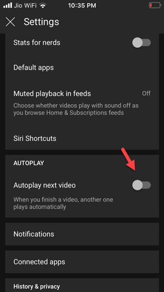 отключить автозапуск на ютубе на ios