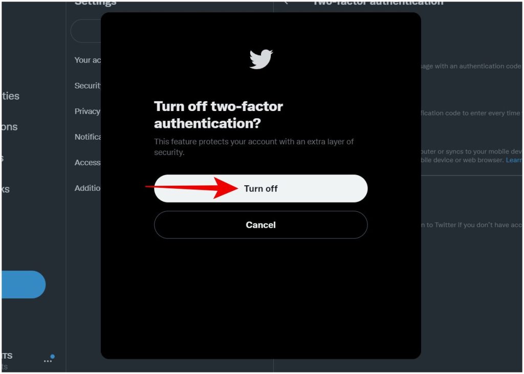 Отключение двухфакторной аутентификации в Твиттере