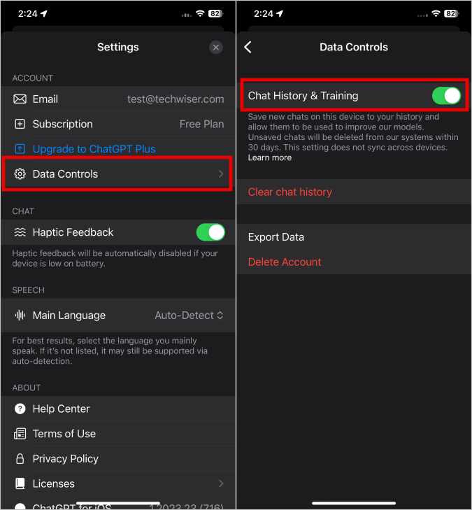 Отключение истории чата и обучения в приложении ChatGPT для iOS