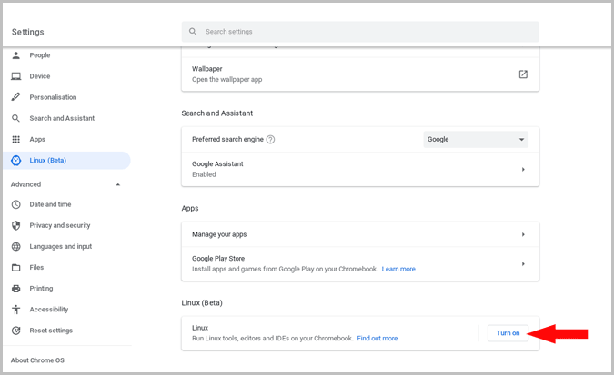 Включение Linux на Chromebook