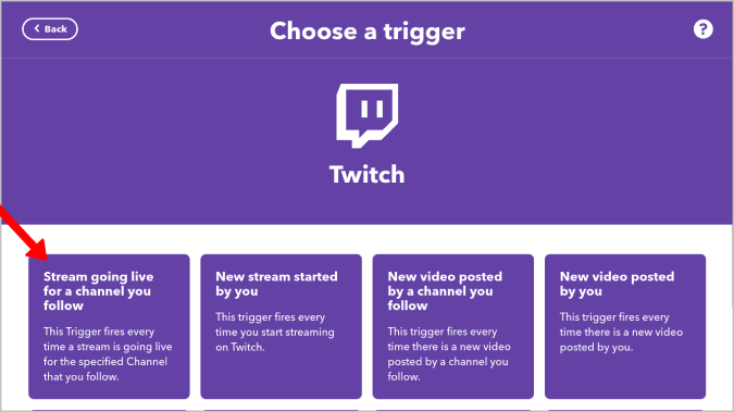 Выбор варианта трансляции Twitch в IFTTT