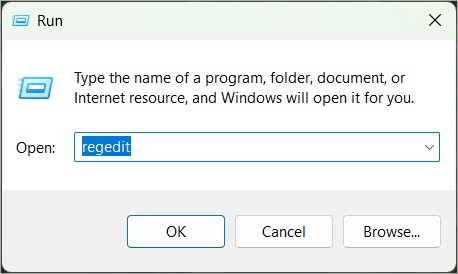 Откройте редактор реестра, используя текст regedit в диалоговом окне «Выполнить» Windows.