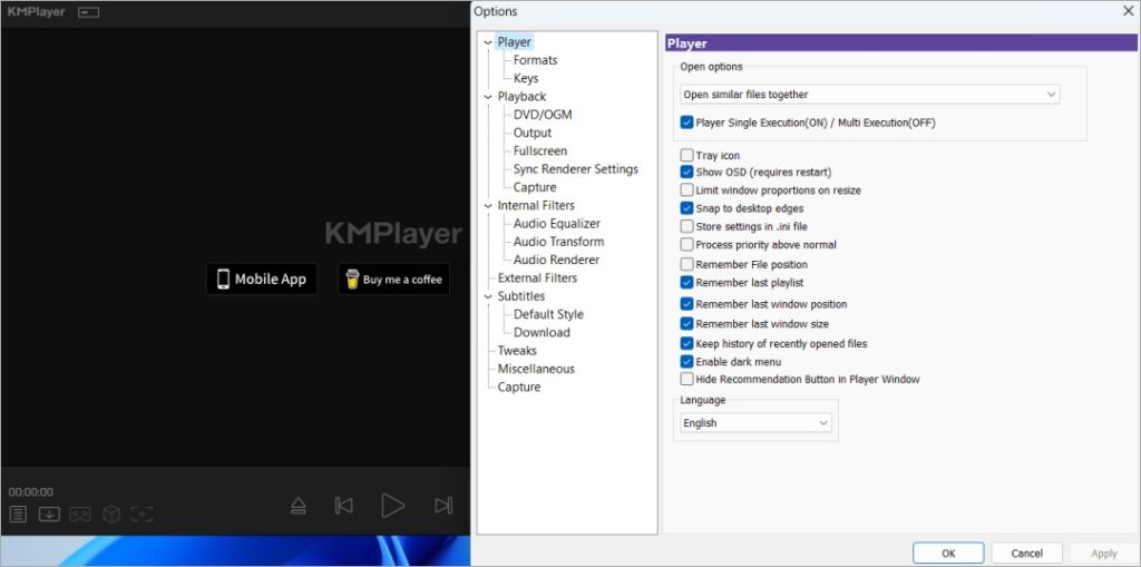 KMPlayer в окнах с открытыми опциями и настройками