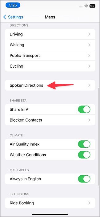 опция голосовых указаний в настройках Apple Maps