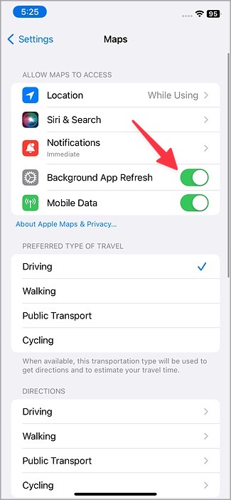 включить фоновое обновление приложения для настроек Apple Maps
