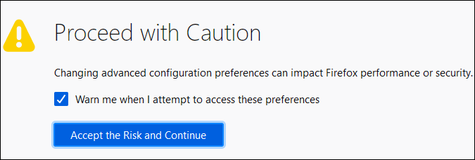 Предупреждающее сообщение о настройках Firefox