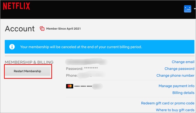 перезапустить членство в Netflix из браузера или веб-приложения